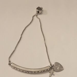 Rhinestone Bar Bracelet Silver Tone Adjustable